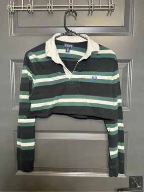Chaps Cropped Striped Rugby Sweater in Black, Green & White